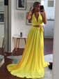 A-line Halter Jersey Sweep Train Bow Prom Dresses