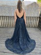 Glitter V-neck Ball Gown Sweep Train Pockets Prom Dresses