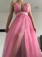 A-line Floor-length V-neck Tulle Split Front Prom Dresses