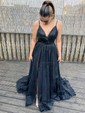 Ball Gown/Princess Sweep Train V-neck Glitter Pockets Prom Dresses