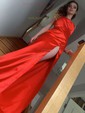 Sheath/Column Sweep Train Cowl Neck Silk-like Satin Split Front Prom Dresses