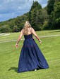A-line Floor-length V-neck Silk-like Satin Appliques Lace Prom Dresses