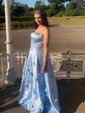 Ball Gown/Princess Sweep Train Straight Satin Flower(s) Prom Dresses