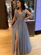 Tulle V-neck A-line Sweep Train Appliques Lace Prom Dresses