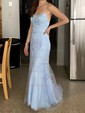 Trumpet/Mermaid Scoop Neck Tulle Sweep Train Appliques Lace Prom Dresses