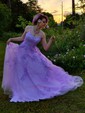 Ball Gown Scoop Neck Tulle Sweep Train Appliques Lace Prom Dresses