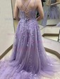 Ball Gown Scoop Neck Tulle Sweep Train Appliques Lace Prom Dresses