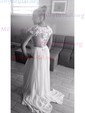 A-line Scoop Neck Chiffon Tulle Sweep Train Appliques Lace Short Sleeve Unique Wedding Dress