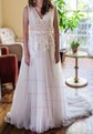 Custom A-line V-neck Tulle Appliques Lace Court Train Open Back Wedding Dresses