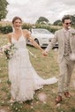 Lace V-neck A-line Sweep Train Split Front Wedding Dresses
