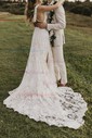 Lace V-neck A-line Sweep Train Split Front Wedding Dresses