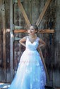 Tulle V-neck A-line Sweep Train Appliques Lace Wedding Dresses