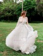 Tulle V-neck Princess Sweep Train Appliques Lace Wedding Dresses
