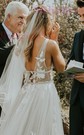 Tulle V-neck Princess Sweep Train Appliques Lace Wedding Dresses