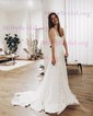 Tulle Stretch Crepe Square Neckline A-line Sweep Train Lace Wedding Dresses