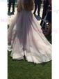 Ball Gown Scoop Neck Organza Sweep Train Beading Prom Dresses