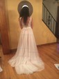 A-line Scoop Neck Lace Tulle Sweep Train Sashes / Ribbons Prom Dresses
