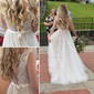 A-line Scoop Neck Lace Tulle Sweep Train Sashes / Ribbons Prom Dresses