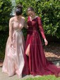 Ball Gown V-neck Tulle Sweep Train Appliques Lace Prom Dresses