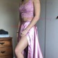 A-line Sweep Train Square Neckline Lace Silk-like Satin Pockets Prom Dresses