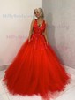 Ball Gown/Princess Sweep Train V-neck Tulle Appliques Lace Prom Dresses