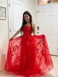 Ball Gown Scoop Neck Tulle Sweep Train Appliques Lace Prom Dresses