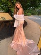 Trumpet/Mermaid Sweep Train V-neck Silk-like Satin Appliques Lace Prom Dresses