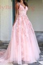 Ball Gown/Princess Sweep Train V-neck Tulle Lace Appliques Lace Prom Dresses