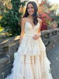Ball Gown/Princess Sweep Train V-neck Tulle Tiered Prom Dresses