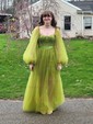 Ball Gown/Princess Sweep Train Sweetheart Tulle Long Sleeves Beading Prom Dresses