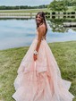 Ball Gown/Princess Sweep Train V-neck Glitter Cascading Ruffles Prom Dresses