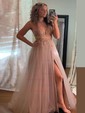 Ball Gown/Princess Floor-length V-neck Tulle Beading Prom Dresses