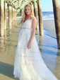 A-line V-neck Tulle Sweep Train Wedding Dresses With Appliques Lace