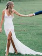 Lace V-neck Sheath/Column Sweep Train Split Front Wedding Dresses