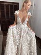 Ball Gown V-neck Lace Sweep Train Wedding Dresses With Appliques Lace