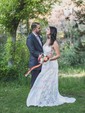 A-line V-neck Lace Chiffon Sweep Train Wedding Dresses