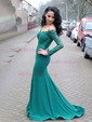 Trumpet/Mermaid Off-the-shoulder Lace Silk-like Satin Sweep Train Sashes / Ribbons Prom Dresses