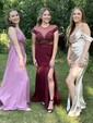 Sheath/Column Sweep Train Off-the-shoulder Silk-like Satin Ruffles Prom Dresses