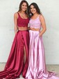 A-line Sweep Train Square Neckline Lace Silk-like Satin Pockets Prom Dresses