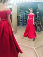 A-line Off-the-shoulder Lace Satin Sweep Train Beading Prom Dresses