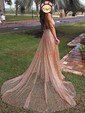 A-line Sweep Train V-neck Glitter Prom Dresses
