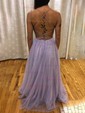 A-line Sweep Train Scoop Neck Tulle Beading Prom Dresses