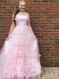Ball Gown/Princess Sweep Train Scoop Neck Tulle Flower(s) Prom Dresses