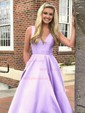 Satin V-neck Ball Gown Sweep Train Pockets Prom Dresses