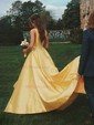 Satin V-neck Ball Gown Sweep Train Pockets Prom Dresses