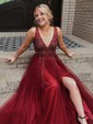 Ball Gown/Princess Sweep Train V-neck Tulle Split Front Prom Dresses