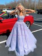 Ball Gown Scoop Neck Tulle Sweep Train Appliques Lace Prom Dresses