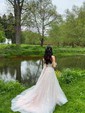 Ball Gown Scoop Neck Tulle Sweep Train Appliques Lace Prom Dresses