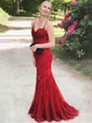 Trumpet/Mermaid V-neck Tulle Sweep Train Appliques Lace Prom Dresses