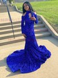 Trumpet/Mermaid Sweep Train High Neck Velvet Sequins Prom Dresses